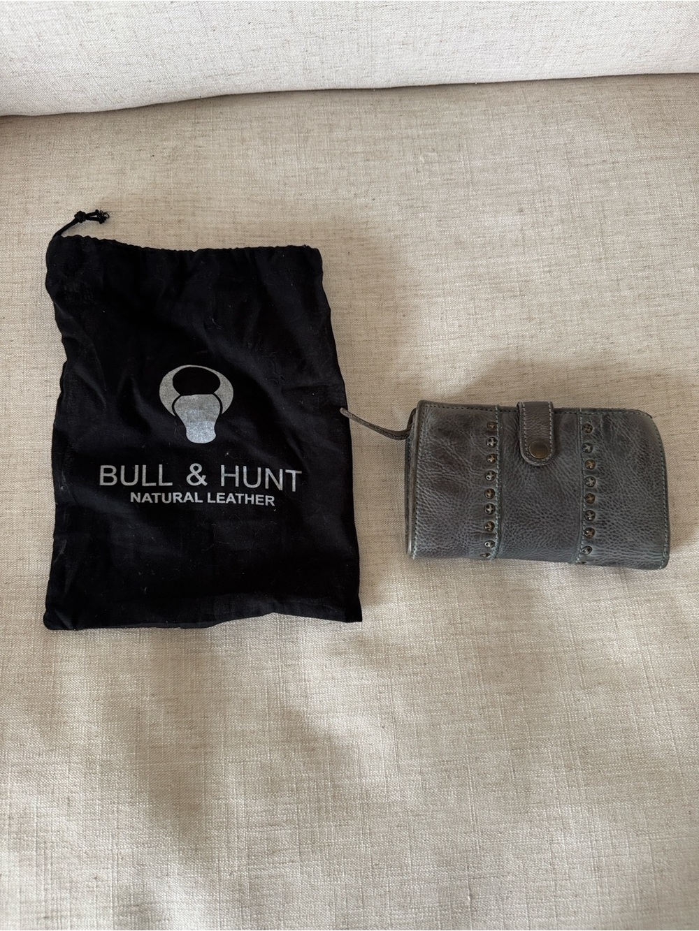 Bull & Hunt Distressed Gray Leather Wallet with Stud Detail